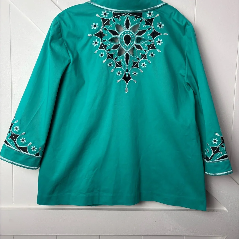 BOB MACKIE Wearable Art‎ Turquoise Embroidered Floral Jacket L